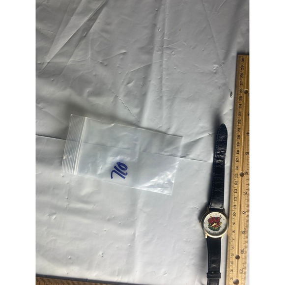 Womens Gold Tone Watch Black Leather Band Cartoon Character Face - Picture 2 of 2